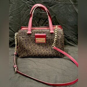 Calvin Klein Monogram Satchel in Brown and Red with gold accents